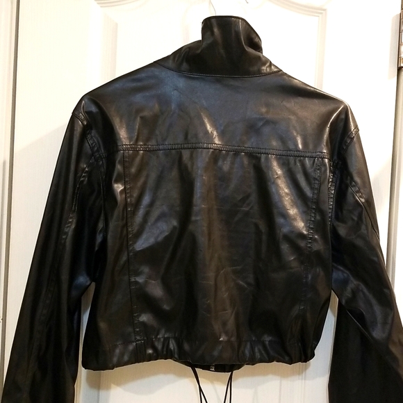 American Bazi Black Faux/Vegan Leather Crop Moto Jacket with Bungee Cinch Waist - Picture 5 of 16